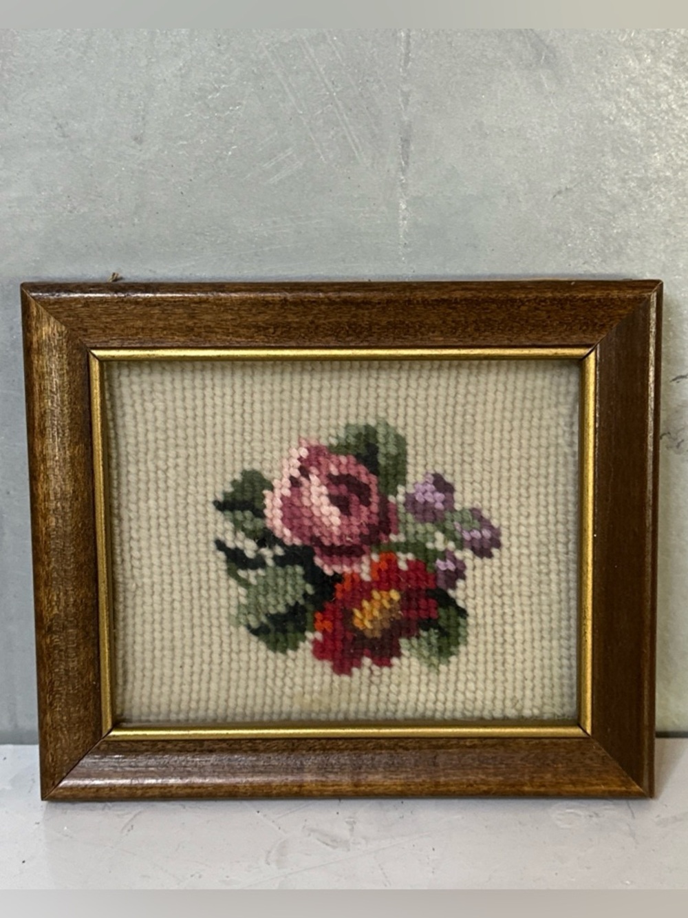 Antique Needlepoint Framed WOOD FRAME  Roses Cottage Charm 5X6